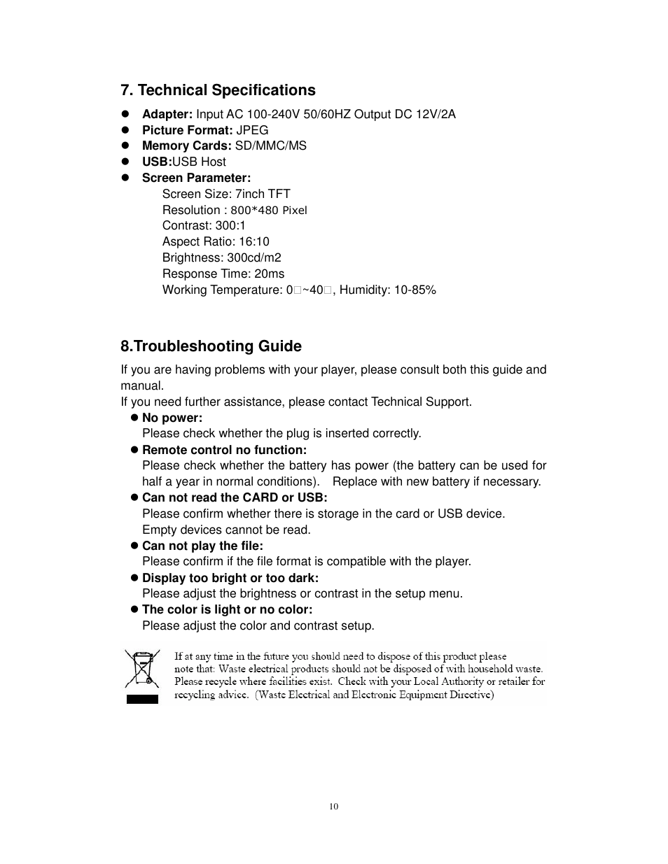 Technical specifications, Troubleshooting guide | Lenco DF-705 User Manual | Page 10 / 10