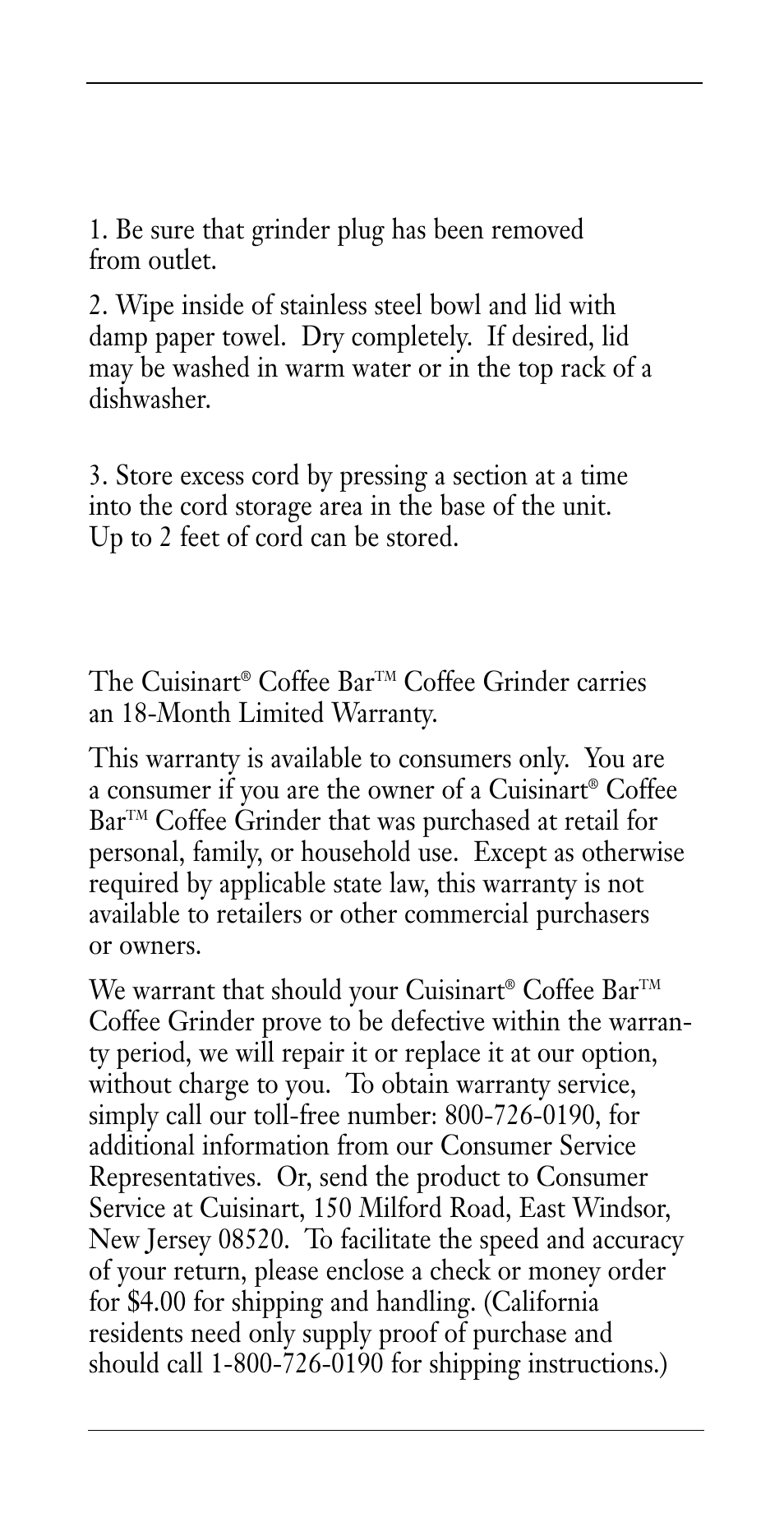 Cleaning/storage instructions, Warranty | Cuisinart DCG-20BK User Manual | Page 5 / 6