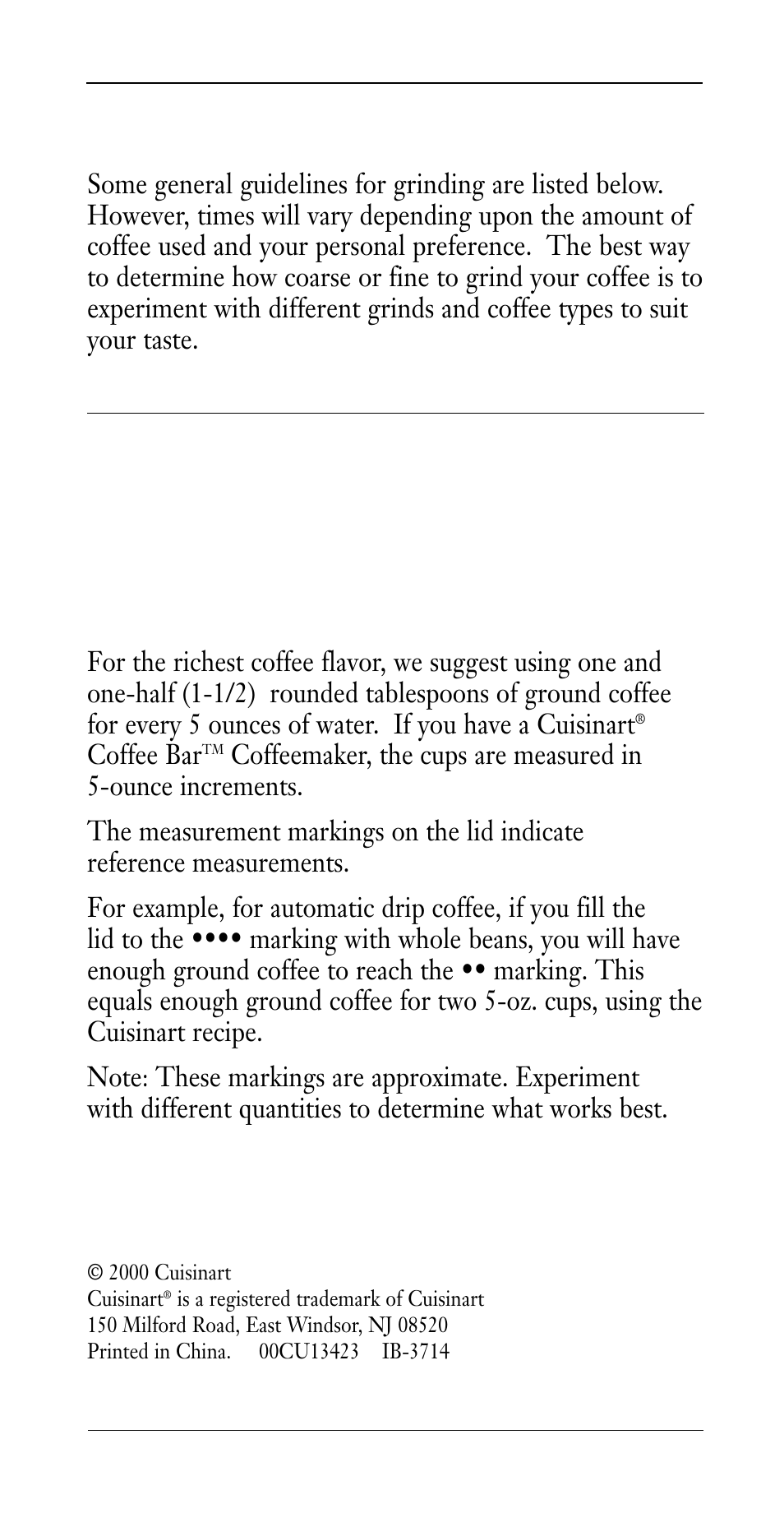Grinding suggestions, Measurement suggestions, Coffee bar | Cuisinart DCG-20BK User Manual | Page 6 / 6
