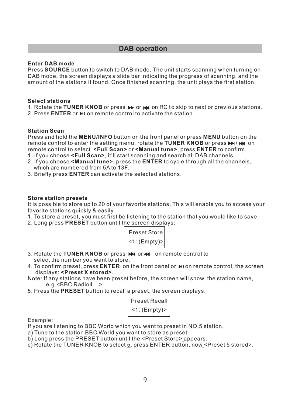 页 10, Dab operation 9 | Lenco DR-05-BT User Manual | Page 10 / 91