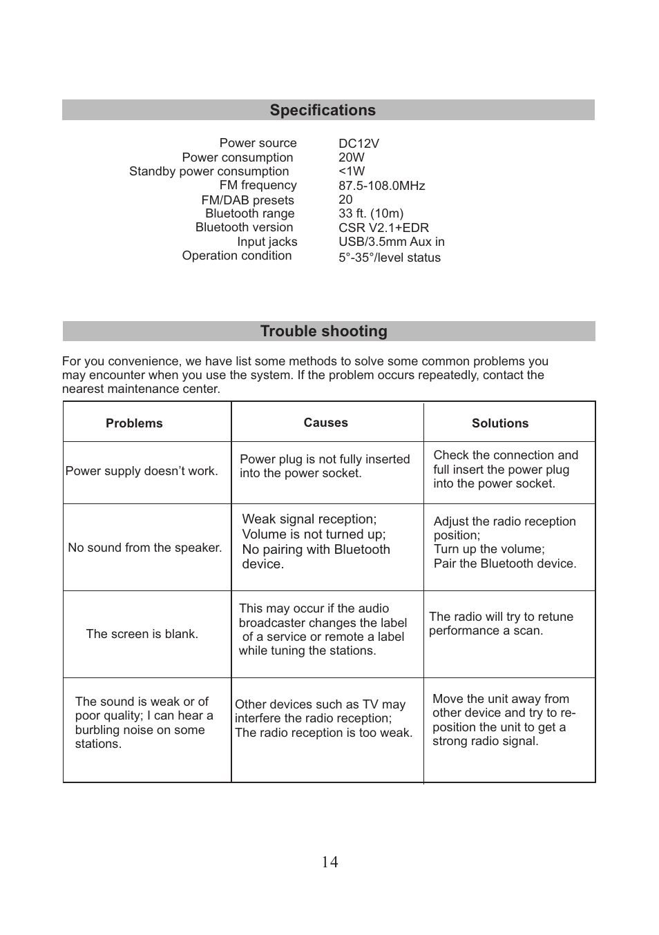 页 15, Trouble shooting, Specifications 14 | Lenco DR-05-BT User Manual | Page 15 / 91