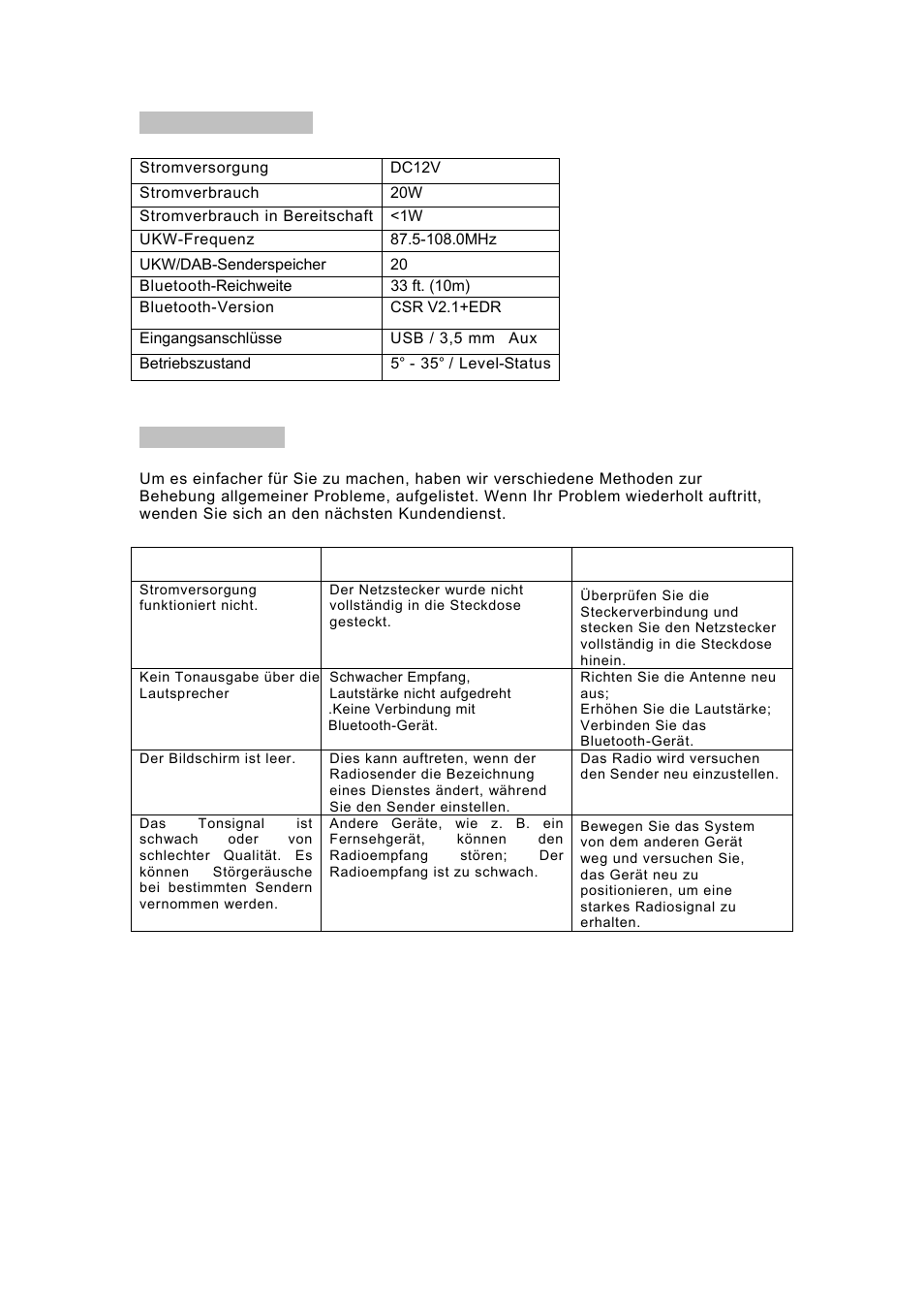 Technische daten, Fehlerbehebung | Lenco DR-05-BT User Manual | Page 33 / 91