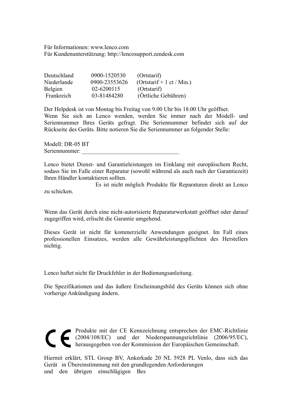 Kundendienst, Onformitätserklärung | Lenco DR-05-BT User Manual | Page 34 / 91