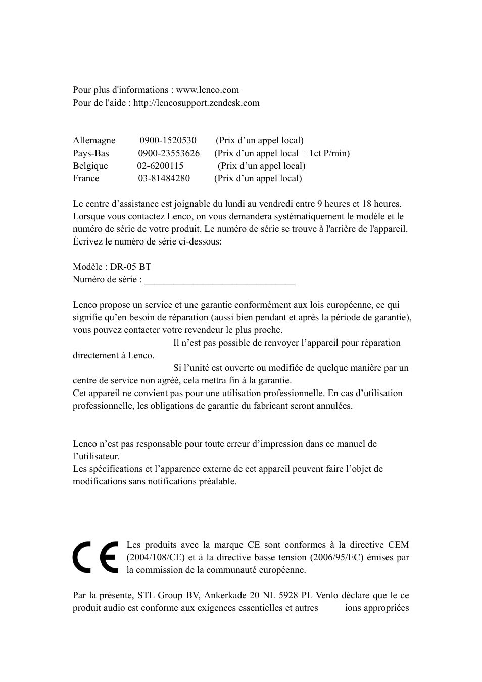 Service et support, Déclaratio, N de conformité | Lenco DR-05-BT User Manual | Page 71 / 91