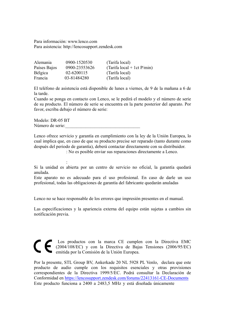 Servicio y asistencia, Declarac, Ión de conformidad | Lenco DR-05-BT User Manual | Page 89 / 91