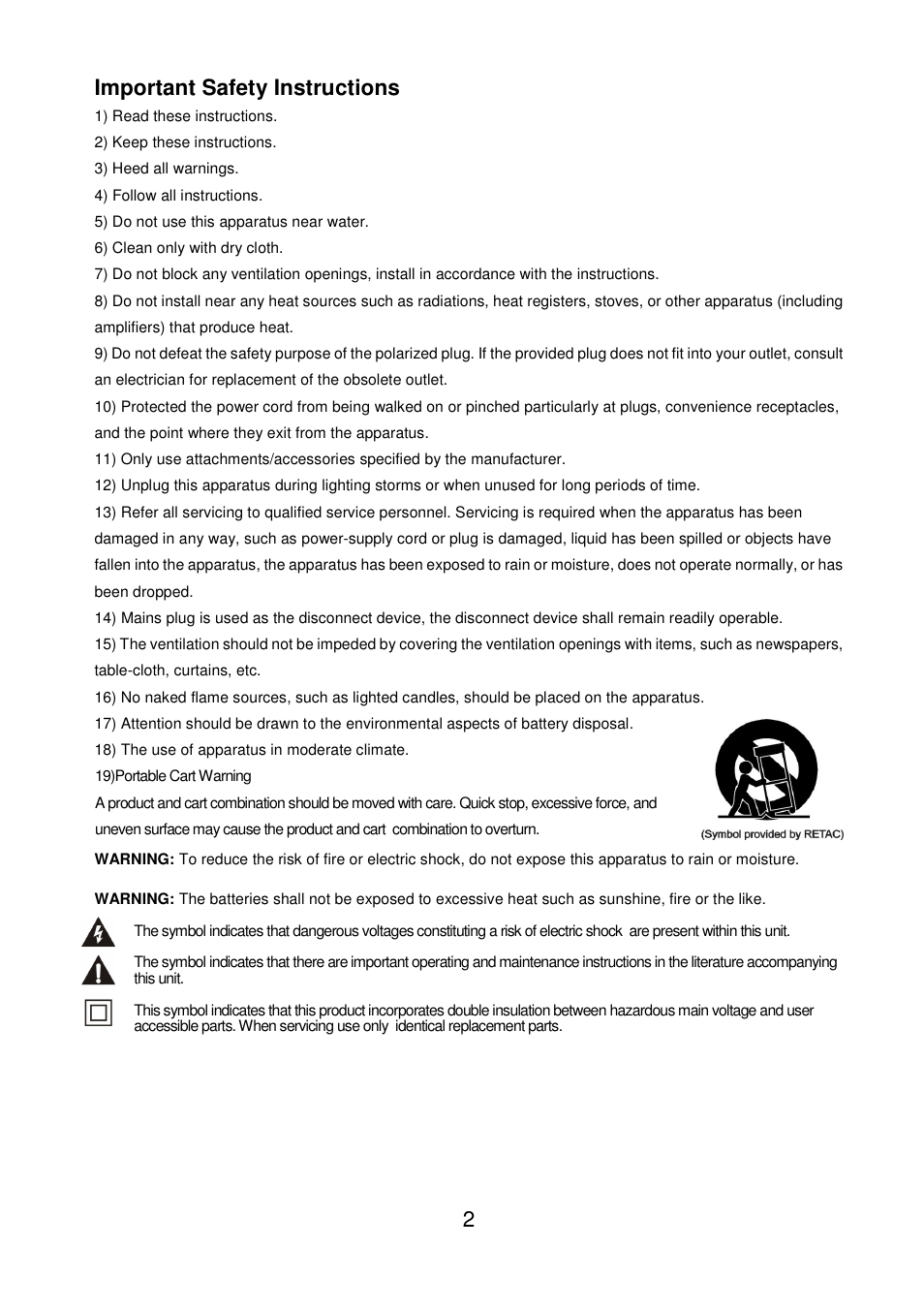 2 important safety instructions | Lenco DVD-320 User Manual | Page 3 / 14