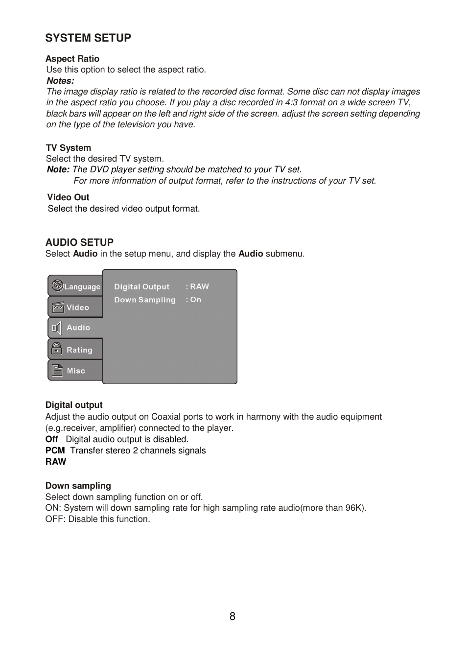 8 system setup | Lenco DVD-320 User Manual | Page 9 / 14