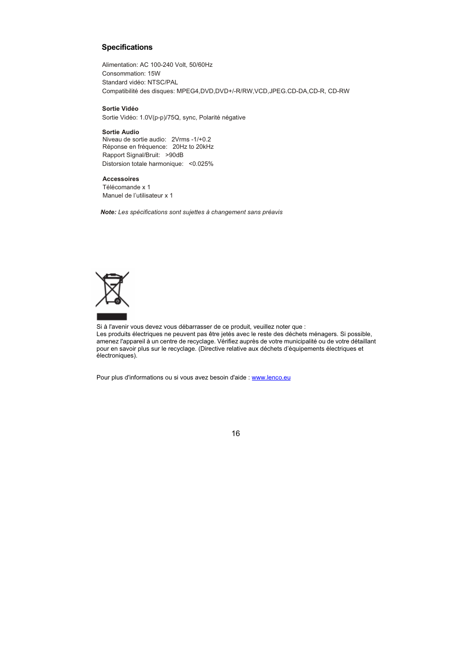 16 specifications | Lenco DVD-322 User Manual | Page 48 / 81