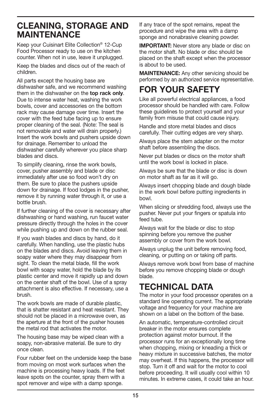 Cleaning, storage and maintenance, For your safety, Technical data | Cuisinart Elite DLC-XPN User Manual | Page 15 / 87