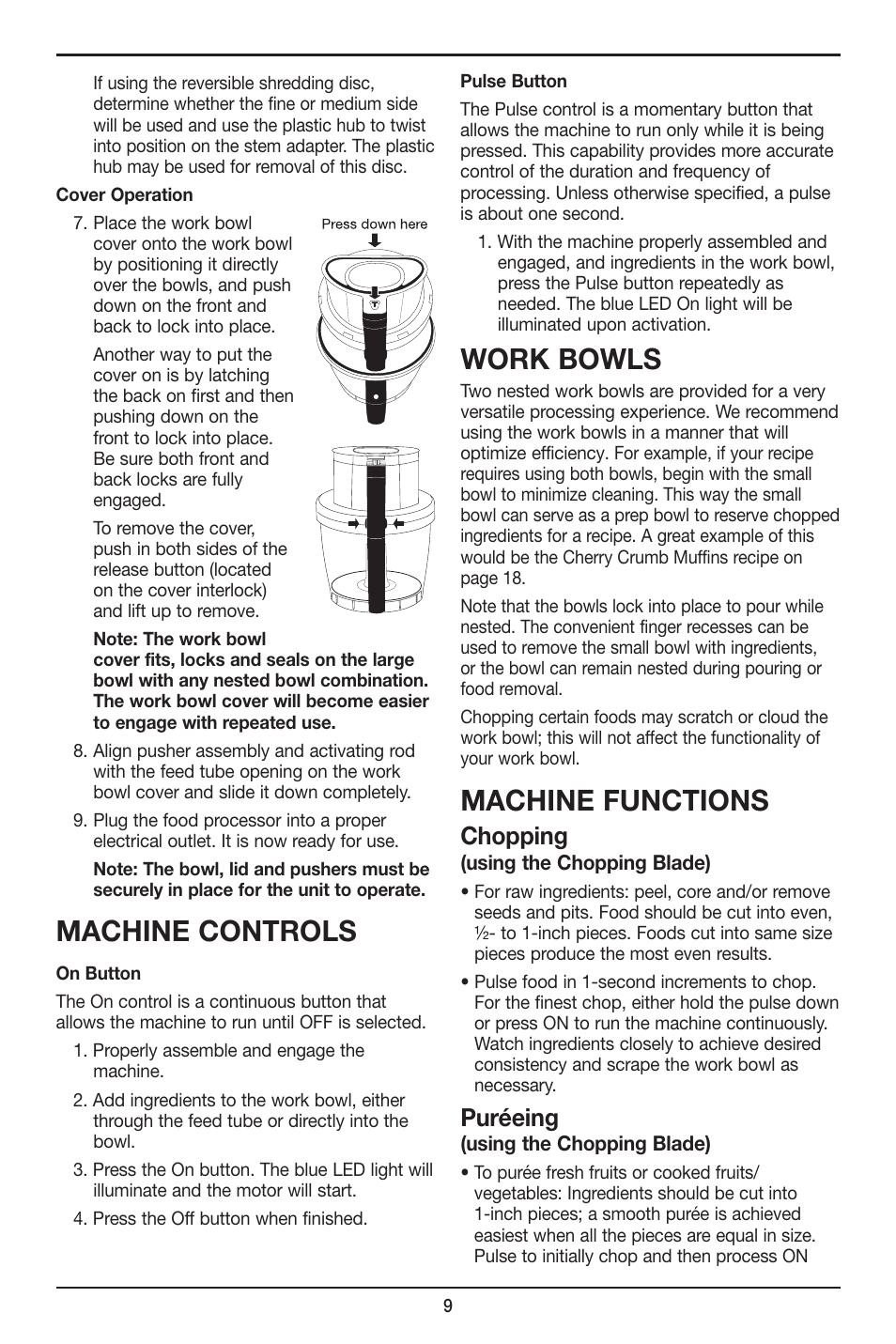 Machine controls, Work bowls, Machine functions | Chopping, Puréeing | Cuisinart Elite DLC-XPN User Manual | Page 9 / 87