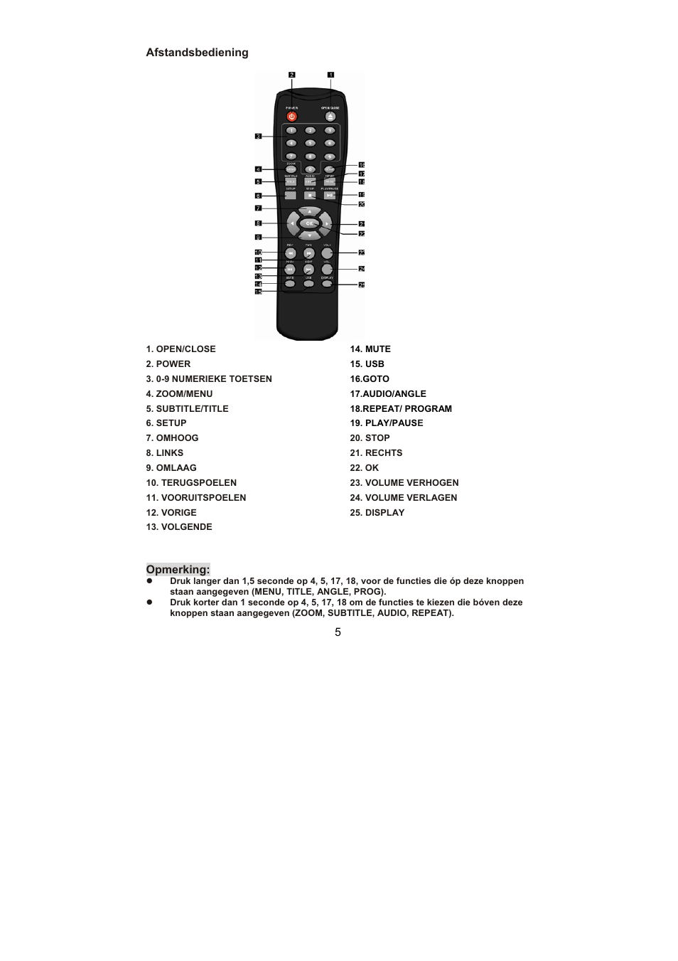 5afstandsbediening, Opmerking | Lenco DVD-432 User Manual | Page 20 / 70