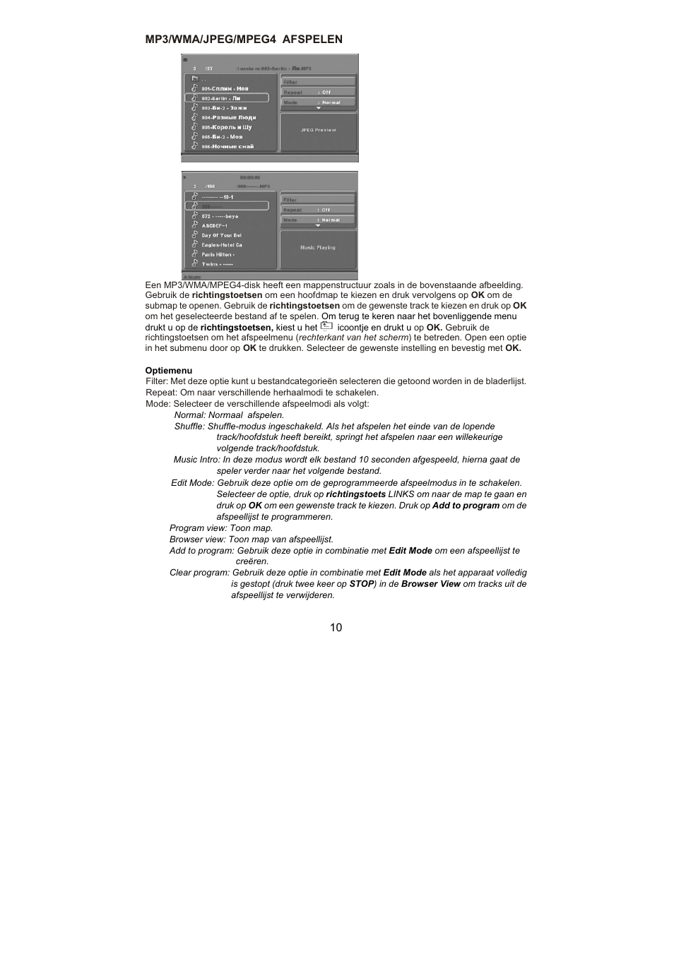 10 mp3/wma/jpeg/mpeg4 afspelen | Lenco DVD-432 User Manual | Page 25 / 70