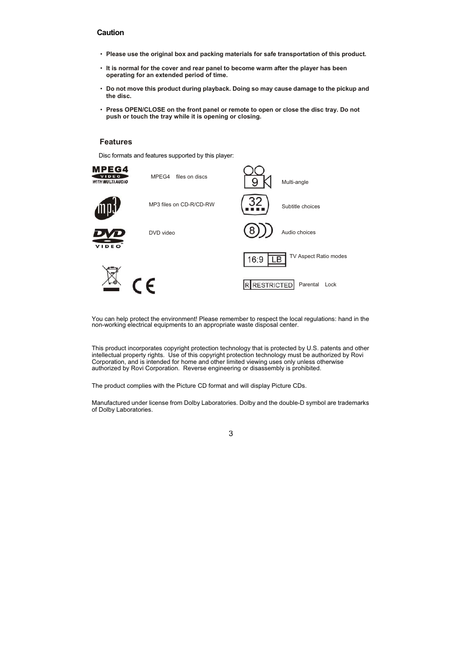 3caution, Features | Lenco DVD-432 User Manual | Page 4 / 70