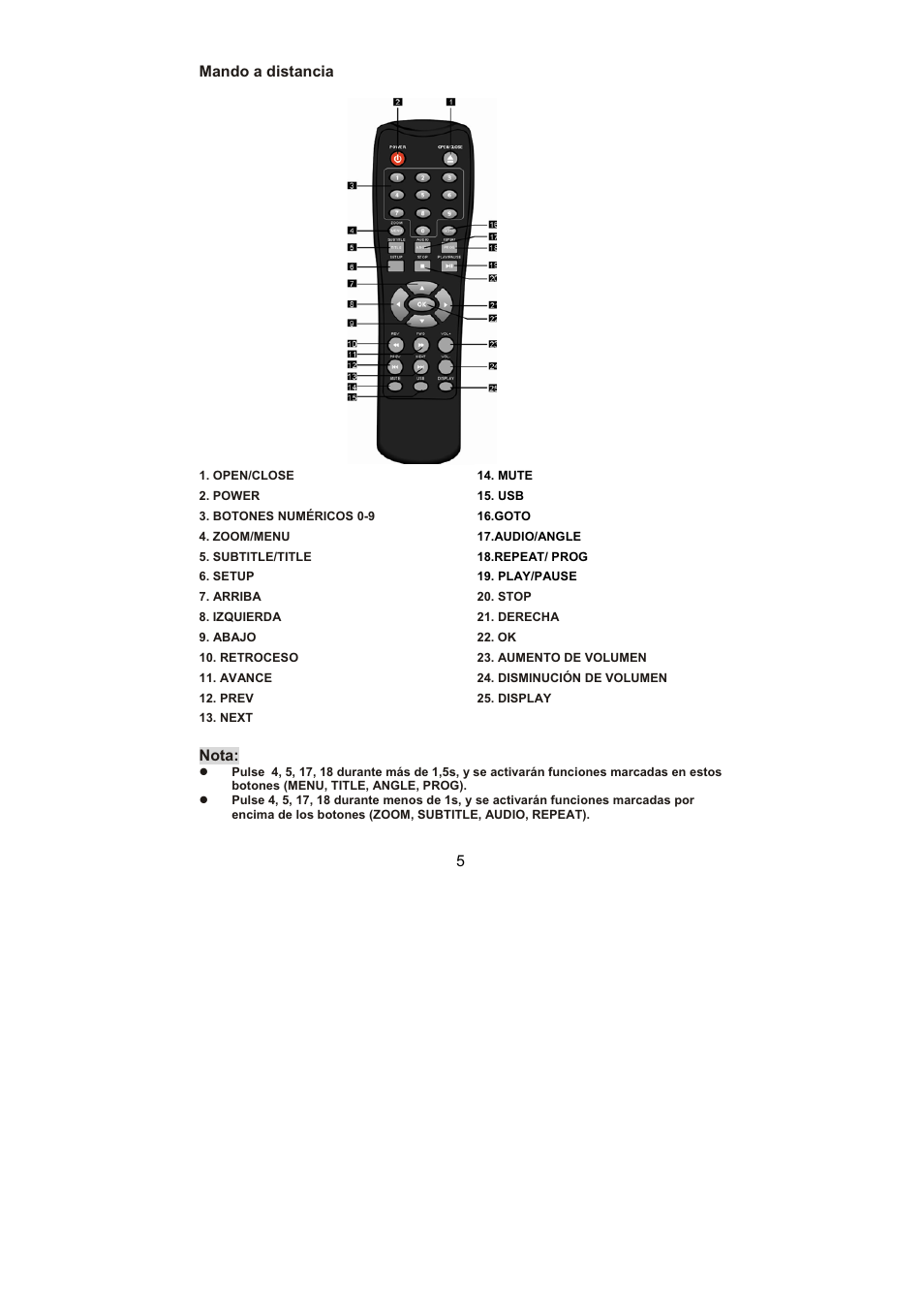 5mando a distancia, Nota | Lenco DVD-432 User Manual | Page 48 / 70