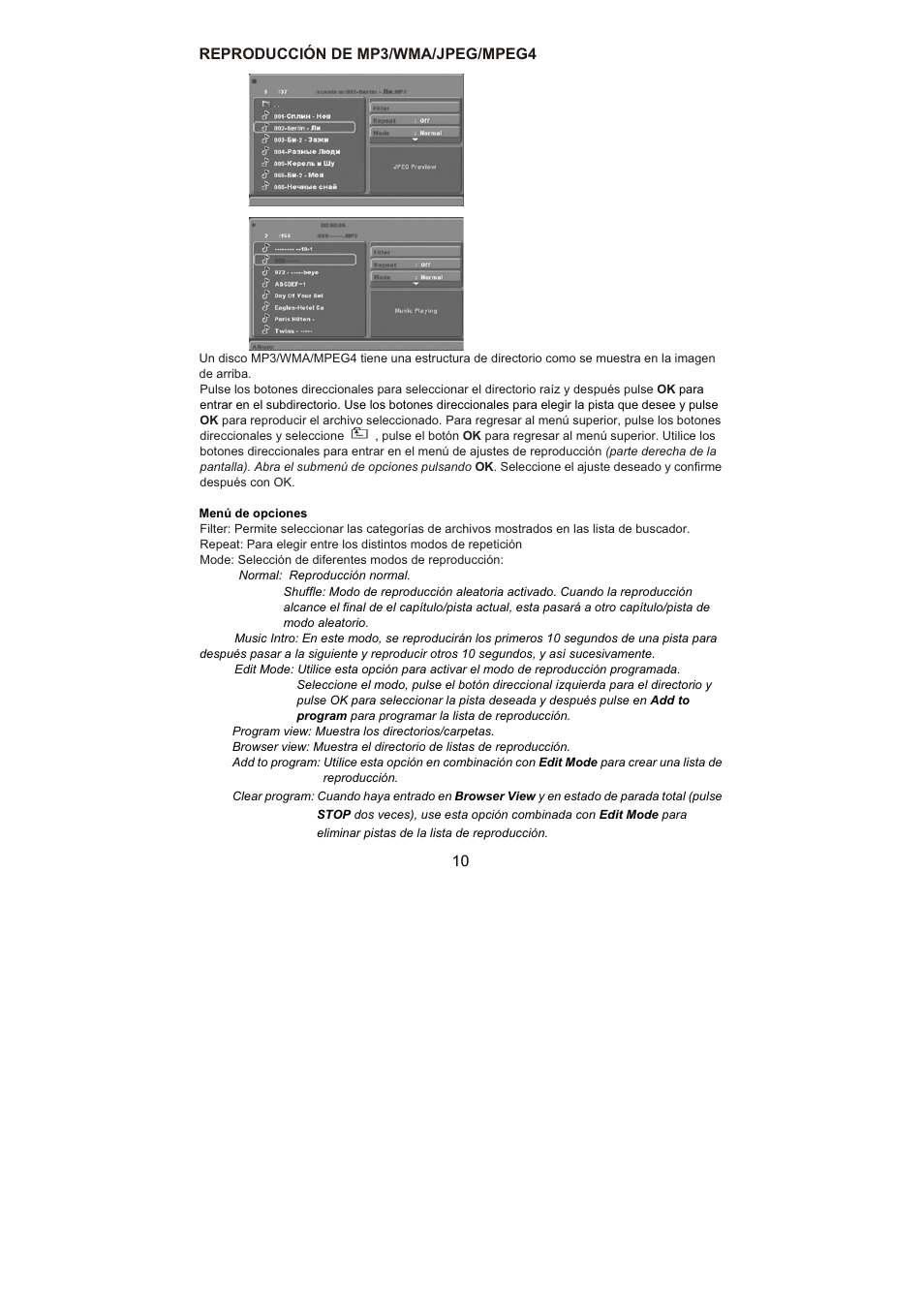 10 reproducción de mp3/wma/jpeg/mpeg4 | Lenco DVD-432 User Manual | Page 53 / 70