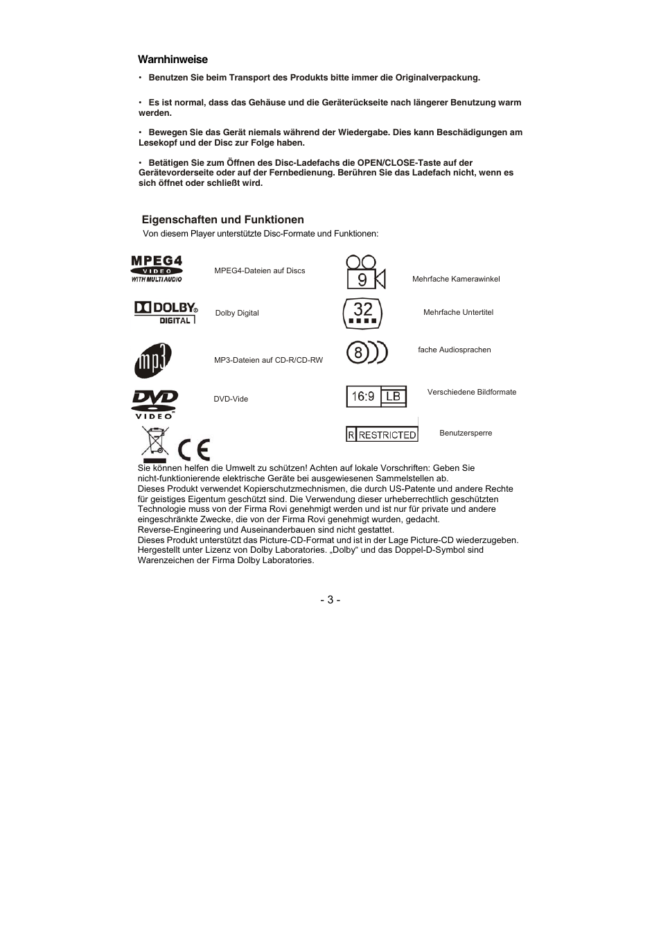 Warnhinweise, Eigenschaften und funktionen | Lenco DVD-432 User Manual | Page 60 / 70