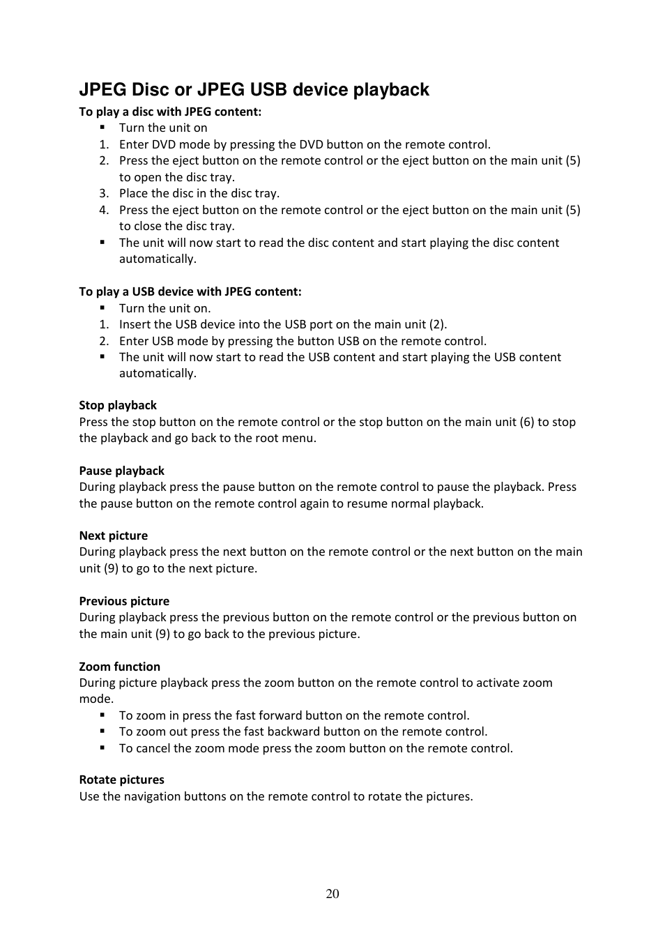Jpeg disc or jpeg usb device playback | Lenco DVD-519 H User Manual | Page 20 / 33