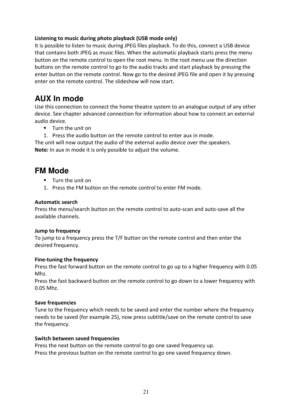 Aux in mode, Fm mode | Lenco DVD-519 H User Manual | Page 21 / 33