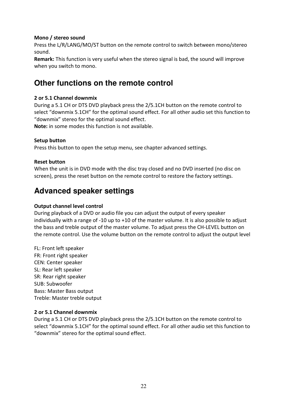 Other functions on the remote control, Advanced speaker settings | Lenco DVD-519 H User Manual | Page 22 / 33