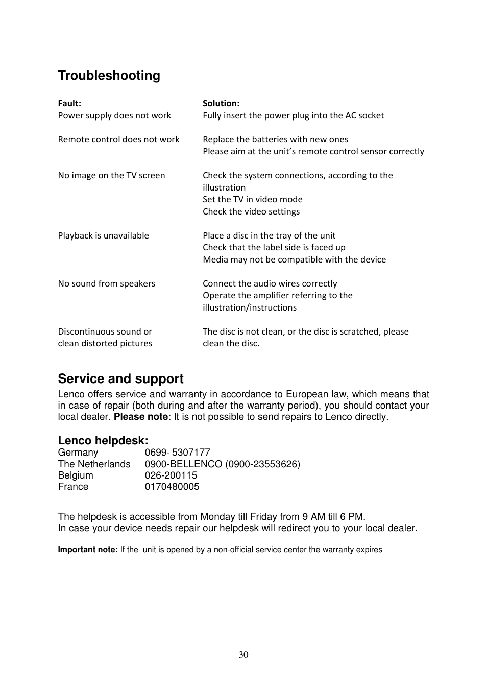 Troubleshooting, Service and support | Lenco DVD-519 H User Manual | Page 30 / 33