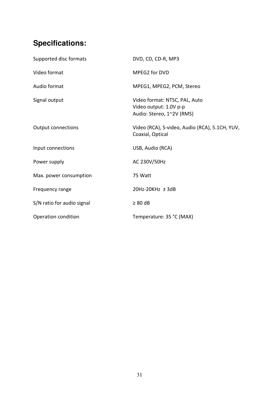 Specifications | Lenco DVD-519 H User Manual | Page 31 / 33