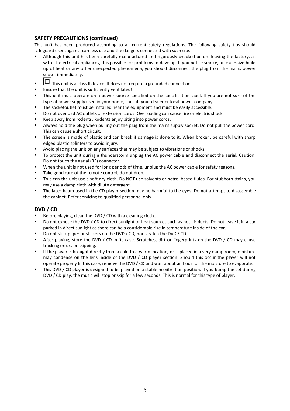 5 safety precautions (continued), Dvd / cd | Lenco DVD-519 H User Manual | Page 5 / 33