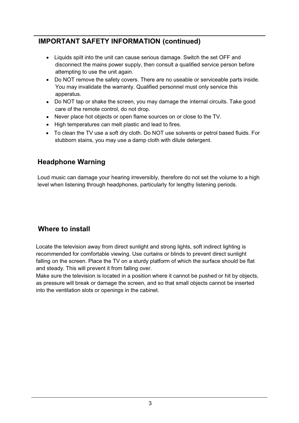 Important safety information (continued), Where to install, Headphone warning | Lenco DVL-1953 User Manual | Page 6 / 37