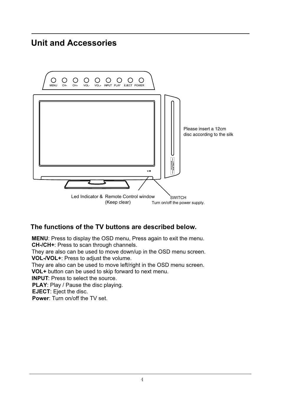 Unit and accessories | Lenco DVL-1953 User Manual | Page 7 / 37