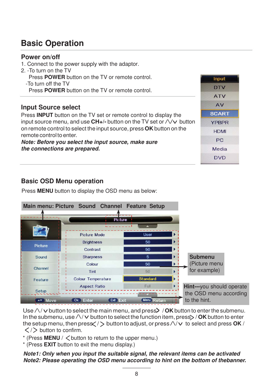 Basic operation, Power on/off, Input source select | Basic osd menu operation | Lenco DVL-1955 User Manual | Page 10 / 36