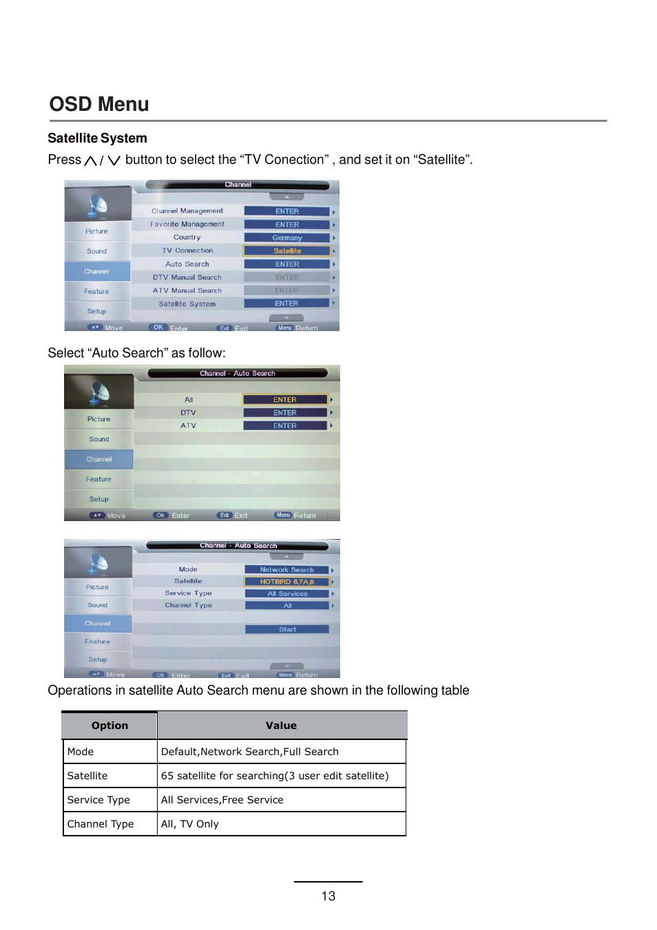 Osd menu, Satellite system, Select “auto search” as follow | Lenco DVL-1955 User Manual | Page 15 / 36