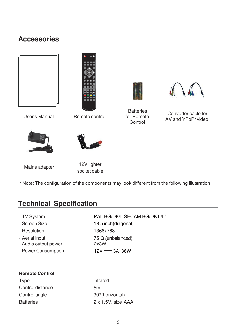 Accessories, Technical specification | Lenco DVL-1955 User Manual | Page 5 / 36