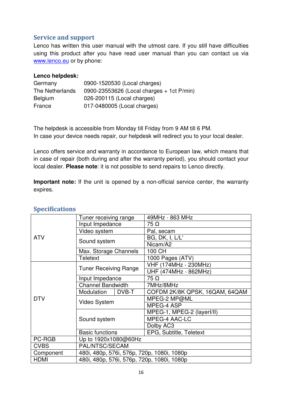 Lenco DVL-2455 User Manual | Page 16 / 18