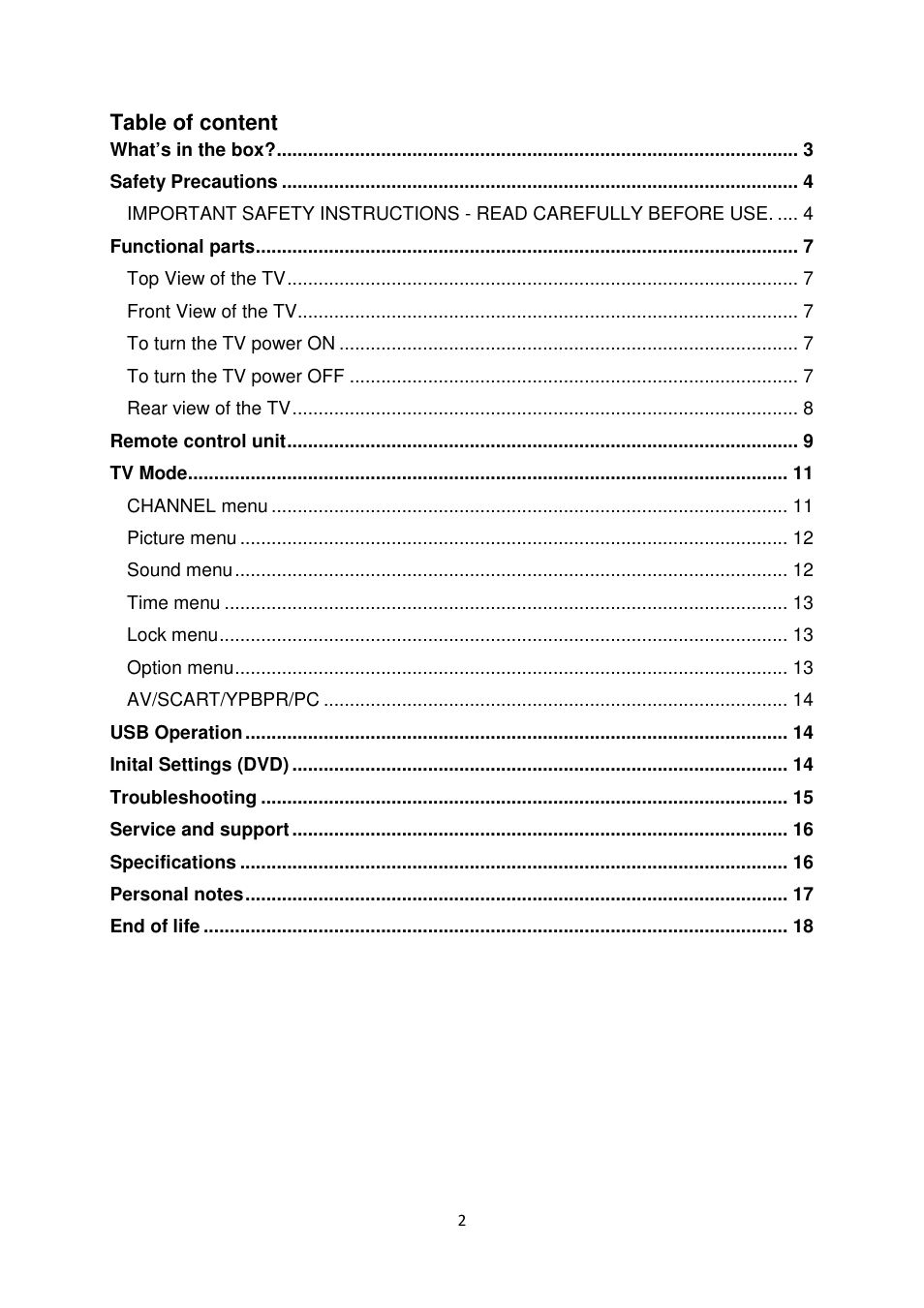 Table of content | Lenco DVL-2455 User Manual | Page 2 / 18