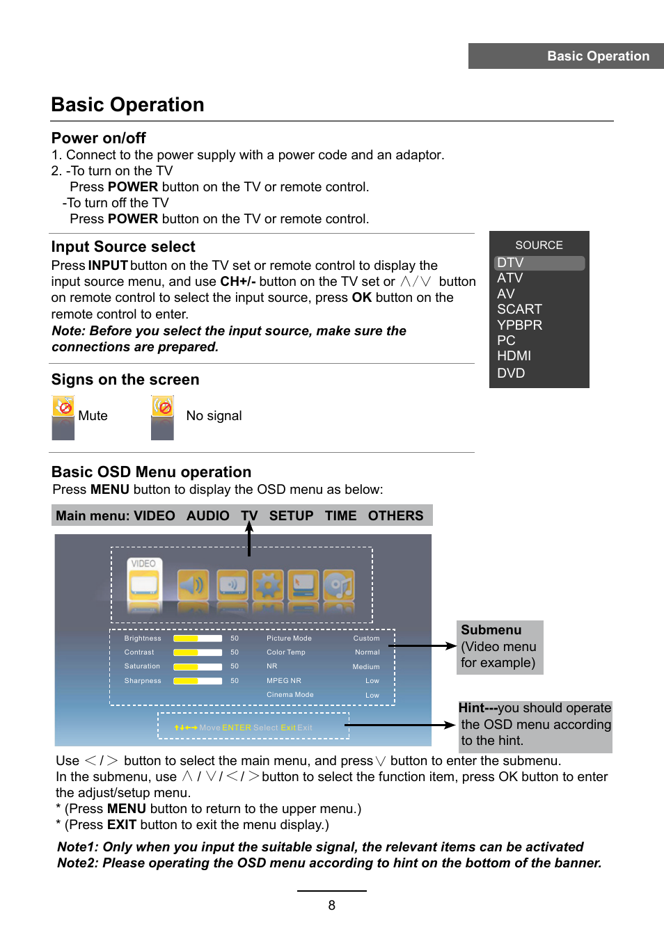 Basic operation, Power on/off, Input source select | Signs on the screen, Basic osd menu operation | Lenco DVL-2483 User Manual | Page 11 / 28