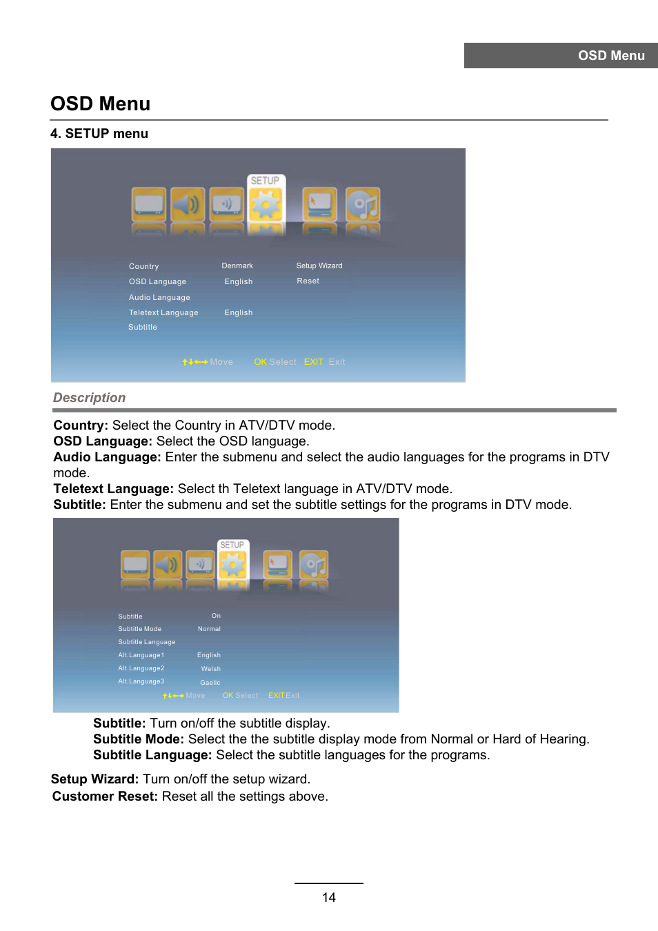 Osd menu, Description 14 | Lenco DVL-2483 User Manual | Page 17 / 28