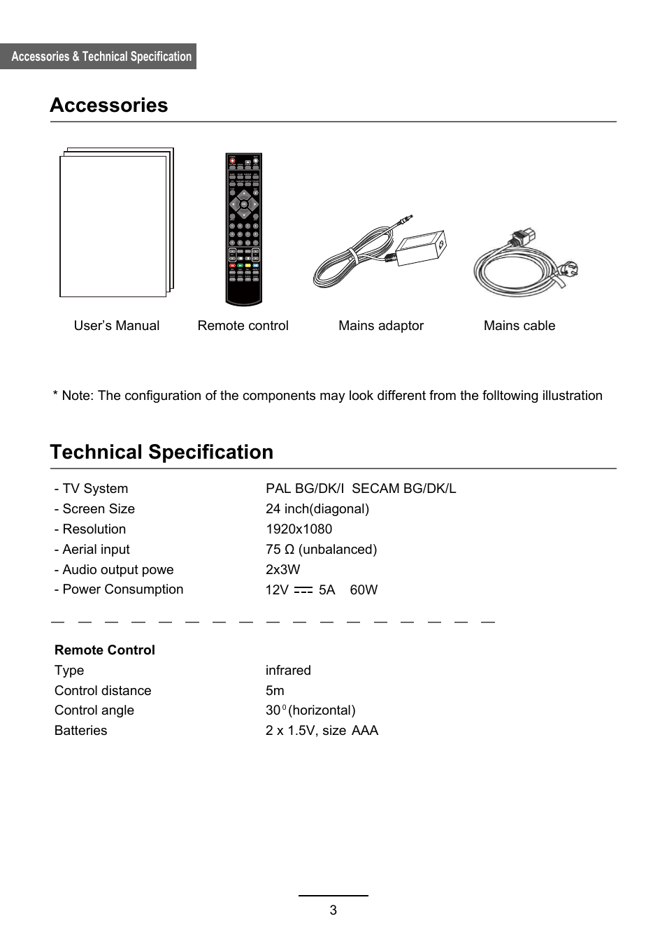 Accessories, Technical specification | Lenco DVL-2483 User Manual | Page 6 / 28