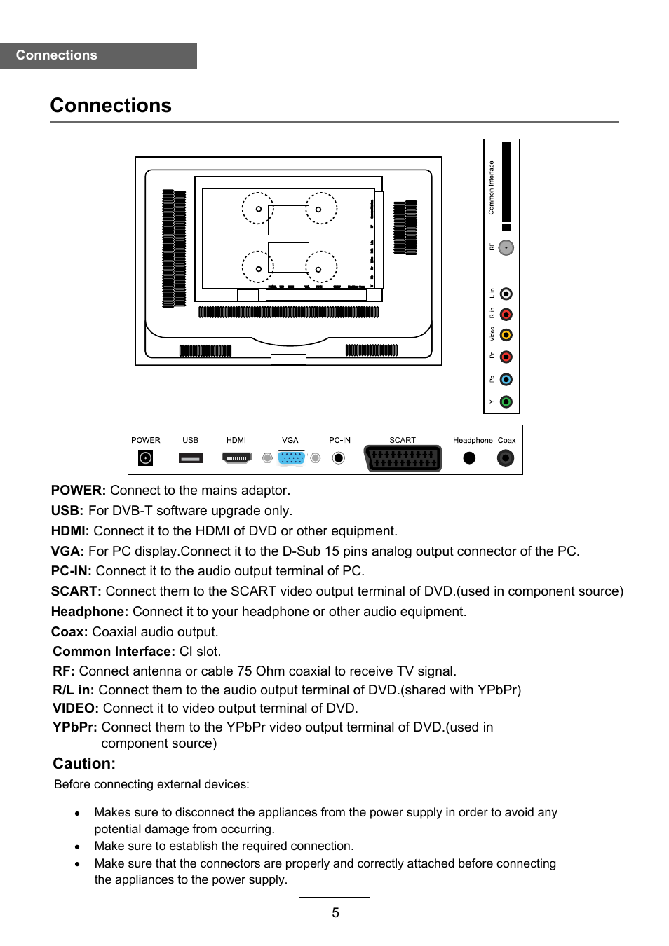 Connections, Caution | Lenco DVL-2483 User Manual | Page 8 / 28