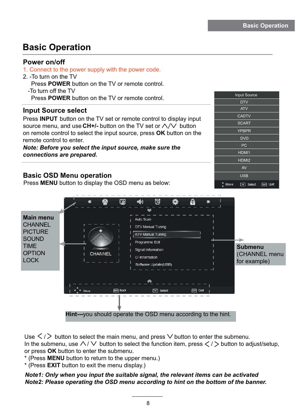 Basic operation, Power on/off, Input source select | Basic osd menu operation | Lenco DVL-2493 User Manual | Page 10 / 36