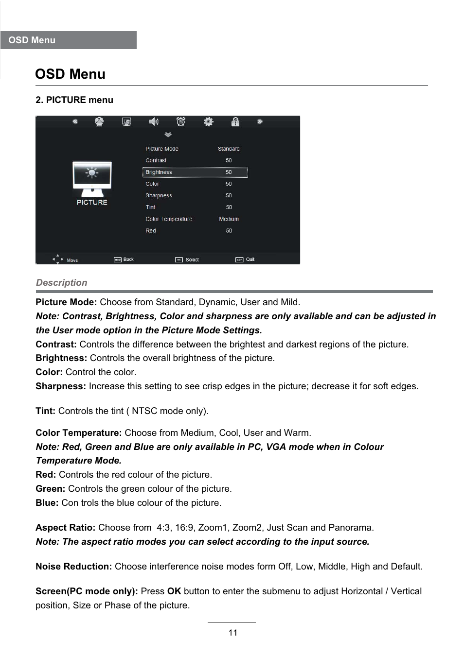 Osd menu | Lenco DVL-2493 User Manual | Page 13 / 36