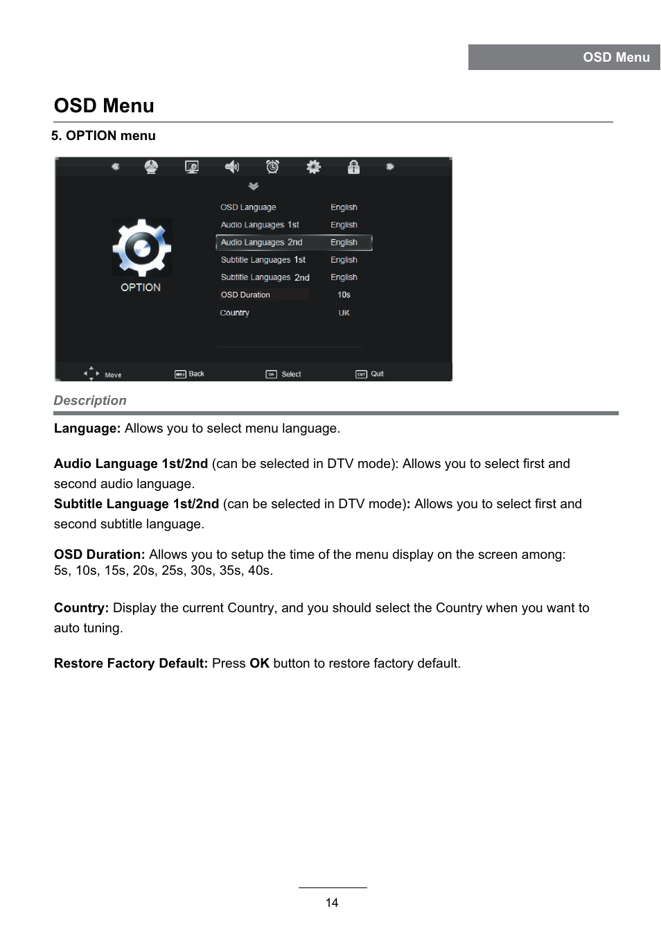 Osd menu | Lenco DVL-2493 User Manual | Page 16 / 36