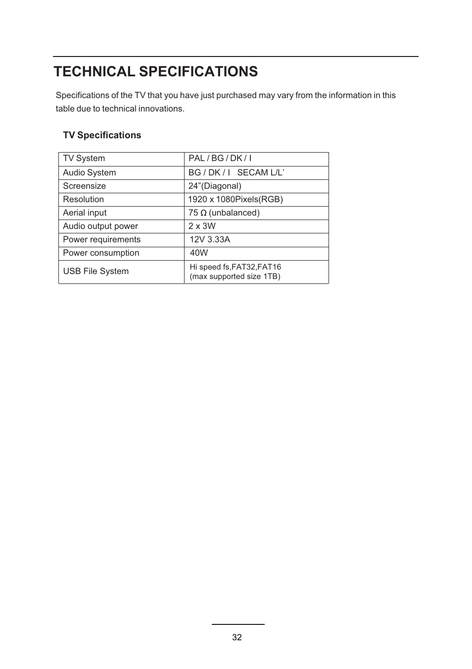 Technical specifications | Lenco DVL-2493 User Manual | Page 34 / 36