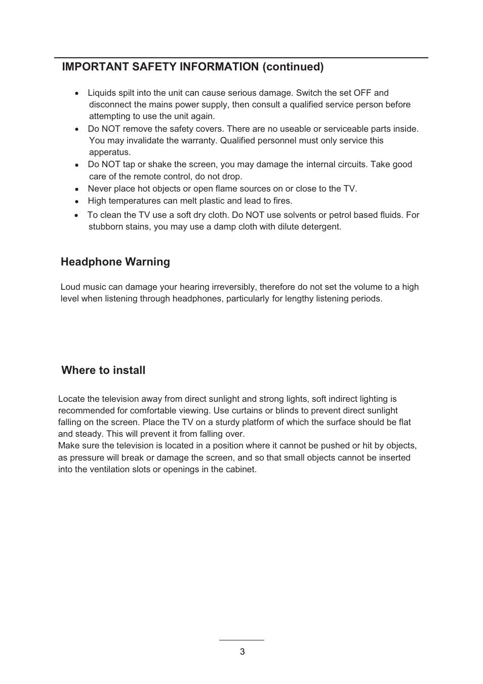 Important safety information (continued), Where to install, Headphone warning | Lenco DVL-2493 User Manual | Page 5 / 36