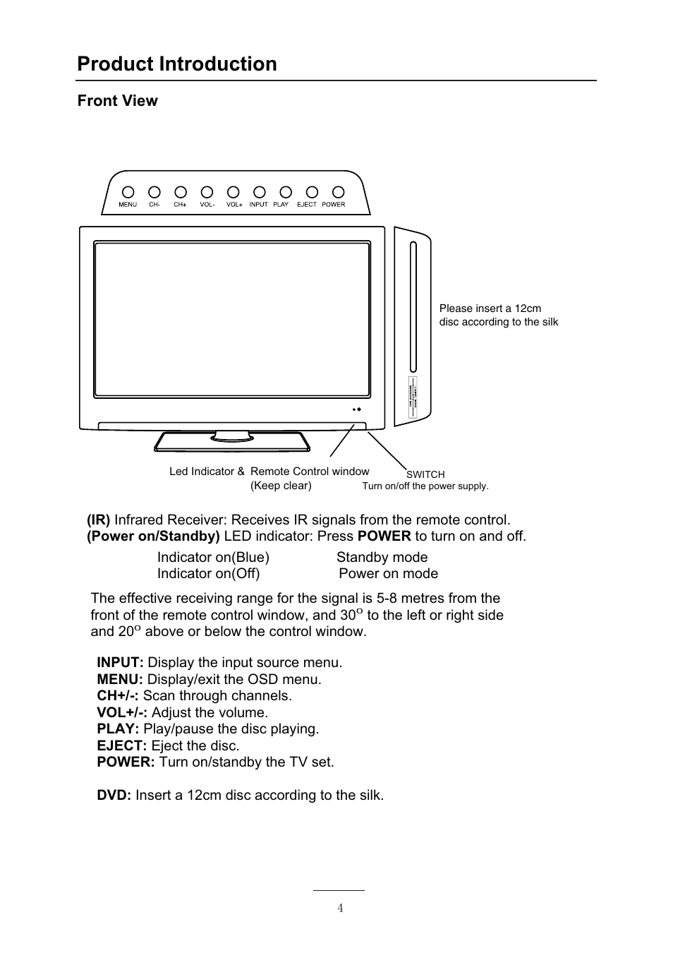 Product introduction, Front view | Lenco DVL-2493 User Manual | Page 6 / 36