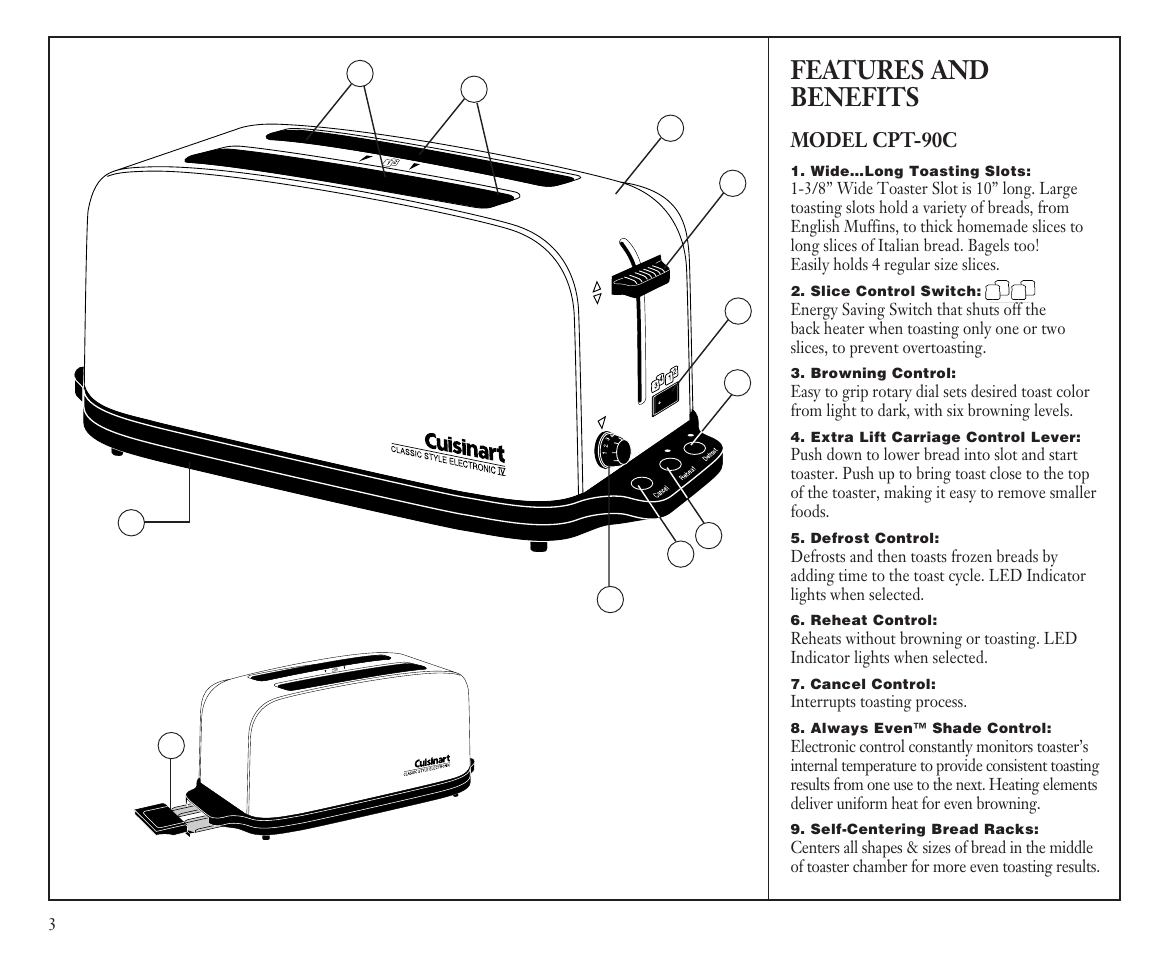 Features and benefits | Cuisinart CPT-90C User Manual | Page 3 / 7
