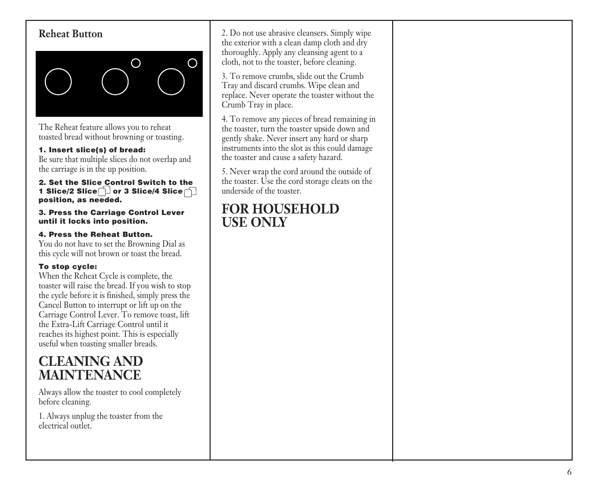 Cleaning and maintenance, For household use only | Cuisinart CPT-90C User Manual | Page 6 / 7