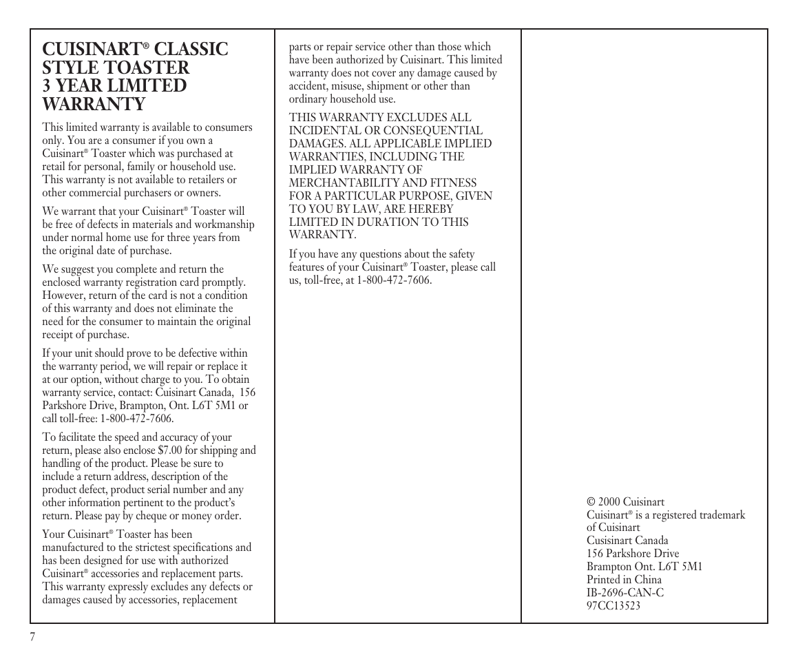 Cuisinart, Classic style toaster 3 year limited warranty | Cuisinart CPT-90C User Manual | Page 7 / 7