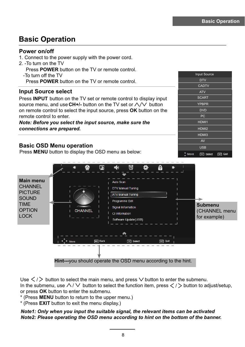 Basic operation, Power on/off, Input source select | Basic osd menu operation | Lenco DVL-2690 User Manual | Page 11 / 38