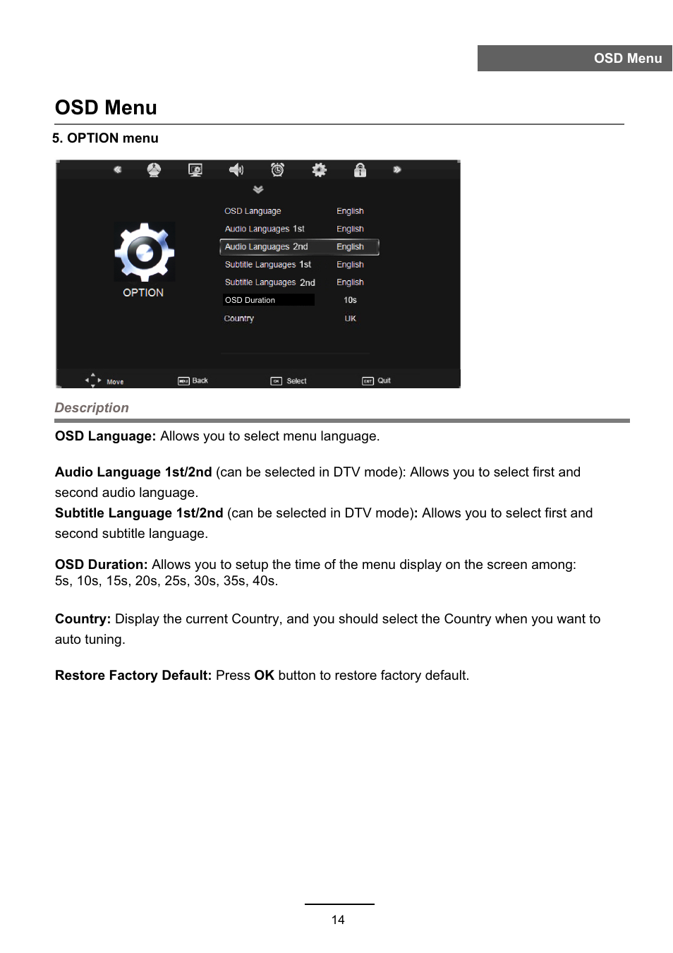 Osd menu | Lenco DVL-2690 User Manual | Page 17 / 38