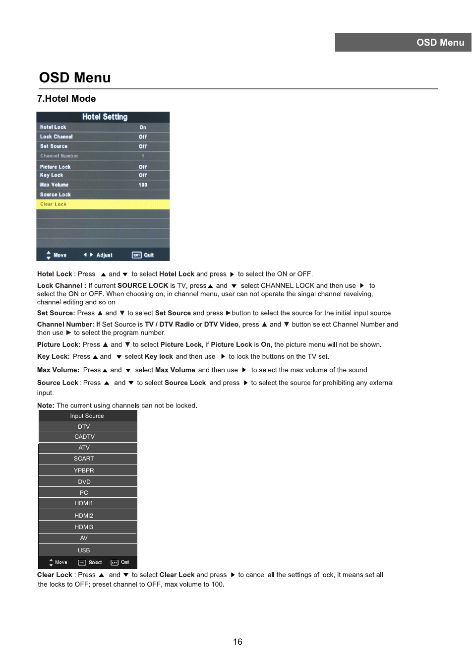 Osd menu, Osd menu 7.hotel mode | Lenco DVL-2690 User Manual | Page 19 / 38