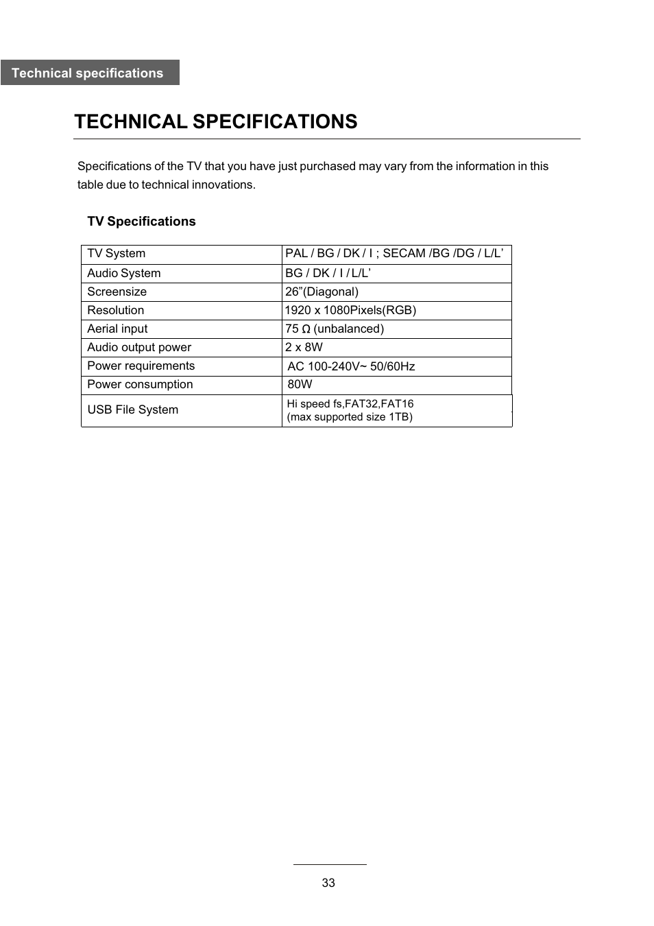 Technical specifications | Lenco DVL-2690 User Manual | Page 36 / 38